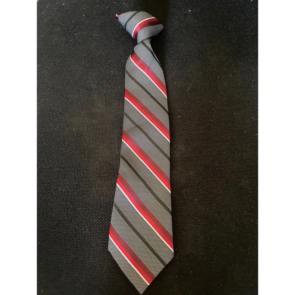 Mens Red Black Grey Striped Clip-On Necktie Polyester Pre-Tied Formal‎ Tie